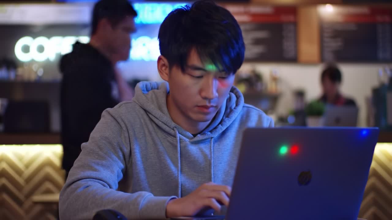 Focused Individual Engaged in Work on Laptop in Cozy Coffee Shop with Neon Lights and a Relaxed Atmosphere