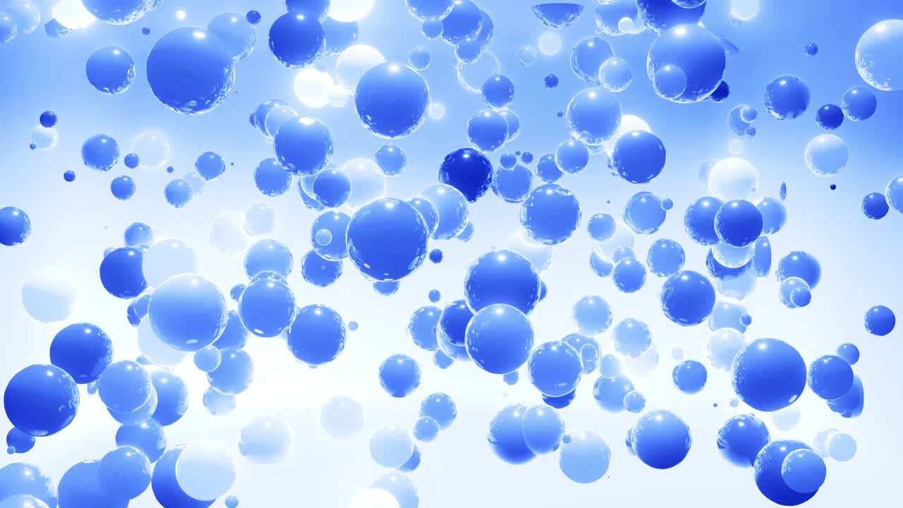 푸른 색조의 구의 추상적인 4k 배경, led와 같은 공이 공중에 매달려 있고 밝고 세련된 배경으로 꺼집니다.