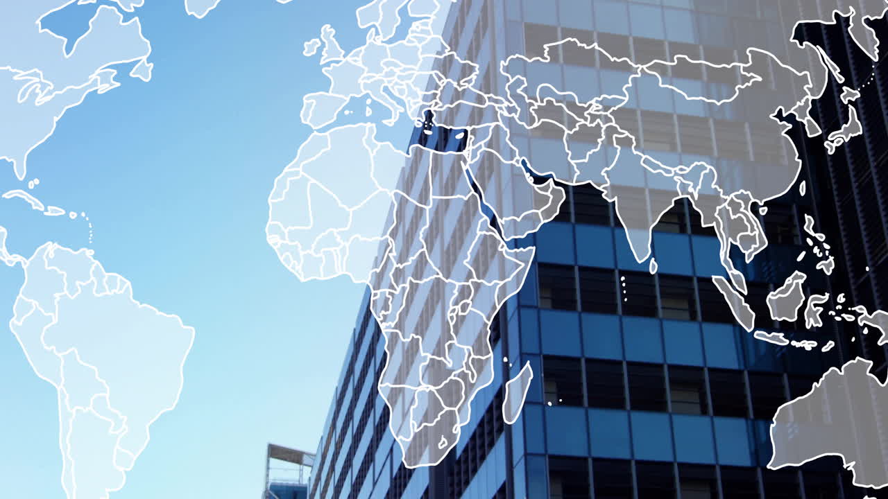 World map animation over modern office building against blue sky