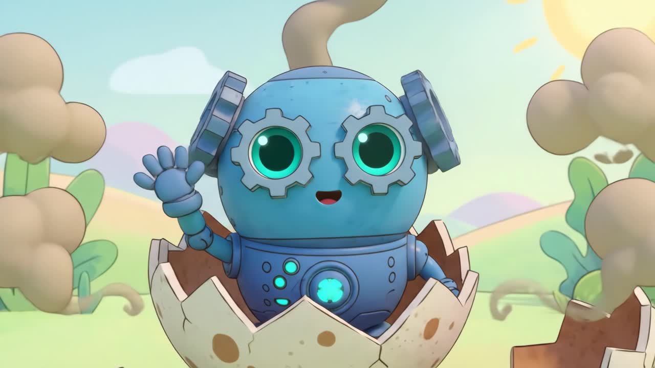 Un simpatico robot blu esce da un uovo screziato