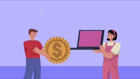 pareja con moneda y computadora portátil de comercio electrónico
