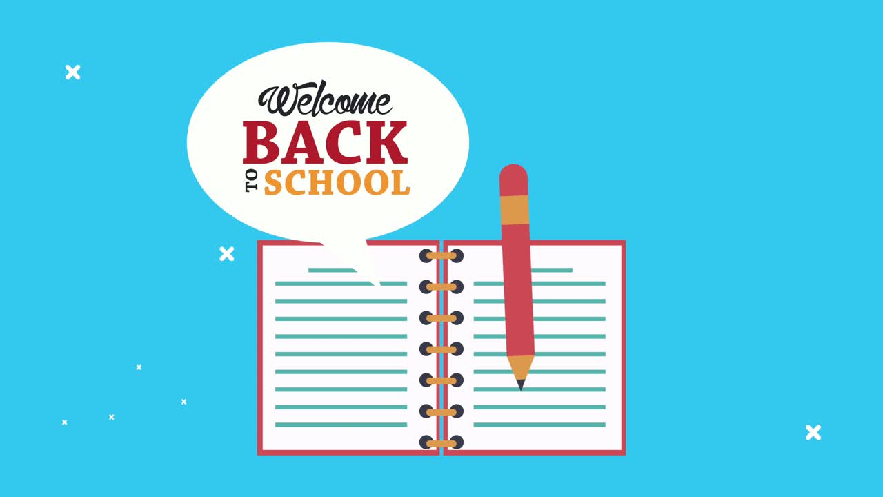 노트북과 연필로 학교 애니메이션으로 돌아갑니다.