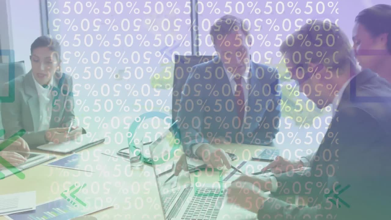 animazione dei numeri e della percentuale di uomini d'affari che parlano in ufficio