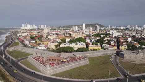 Aerial-Drone-Panoramic-Over-Famous-Walled-City-Cartagena,-Colombia-On-Sunny-Day