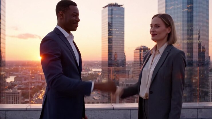 Un dinamico incontro d'affari al tramonto: una coppia di professionisti impegnata in una conversazione significativa sullo sfondo di uno splendido skyline urbano.