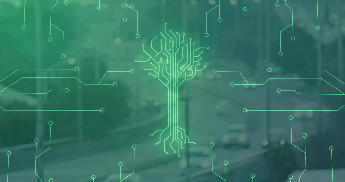 Digital Circuit Board Tree Animation Over Blurred City Traffic