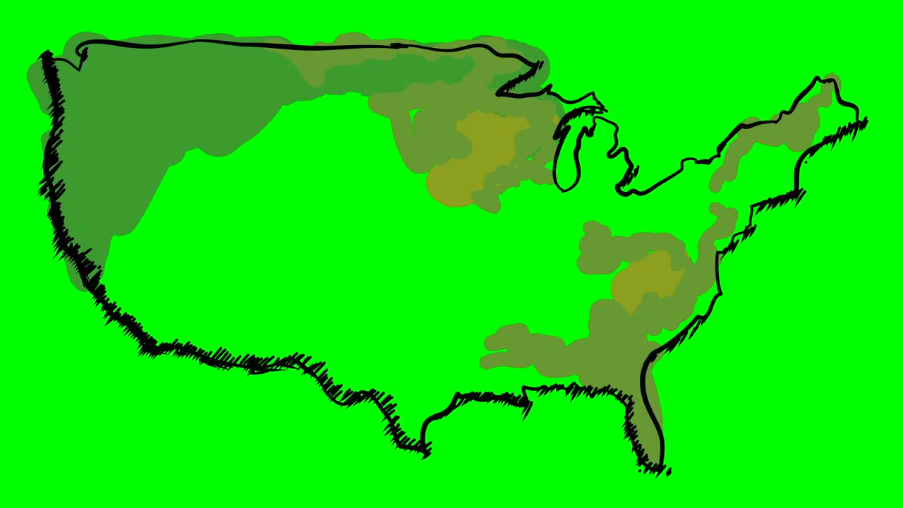 미국은 녹색 화면에 컬러 지도를 그리고 고립 된 화이트 보드를 그립니다.