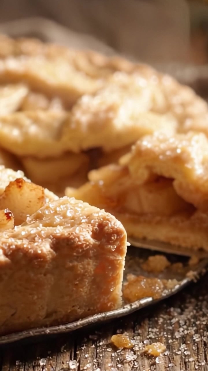 Una torta di mele con crosta dorata e deliziosa, con una glassa di zucchero scintillante, che mostra strati di mele tenere immerse nella dolcezza, pronta a soddisfare ogni desiderio di dolce.