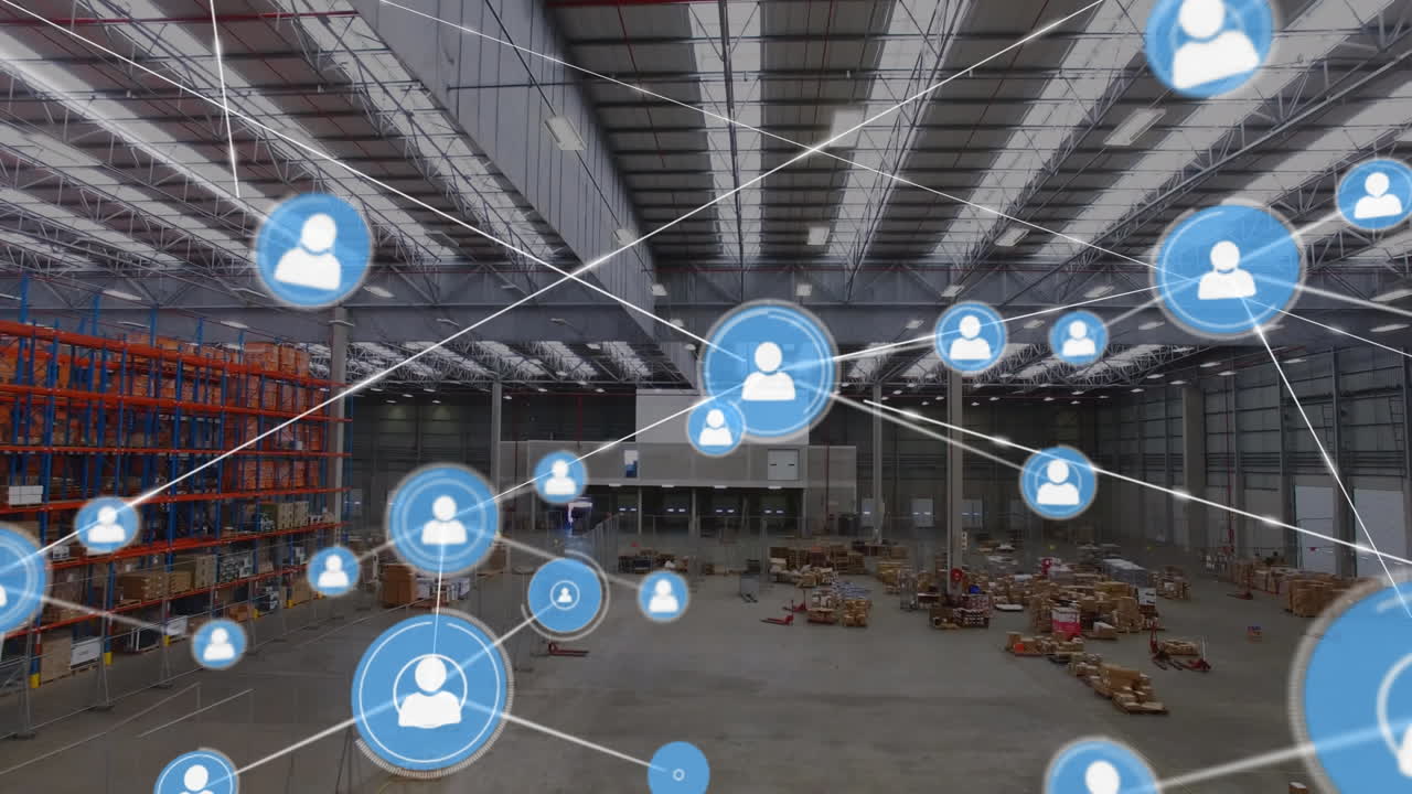 Animazione di rete di connessioni con icone su magazzino