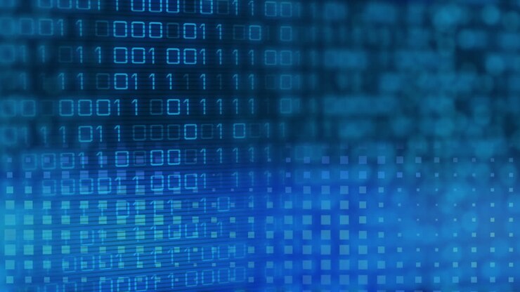 Animation of binary coding data processing against blue background