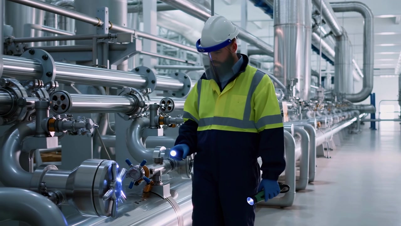 Wearing hard hat, face shield, reflective jacket and blue protective handwear, person moves flashlight beam from pipe fittings toward nearby valves amid stainless machinery under cool indoor lighting.