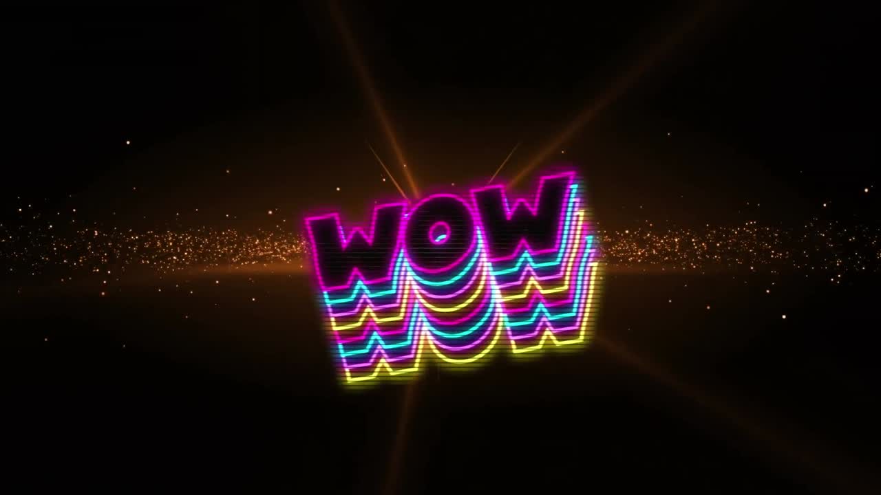 animación del texto wow sobre luces naranjas y ondas