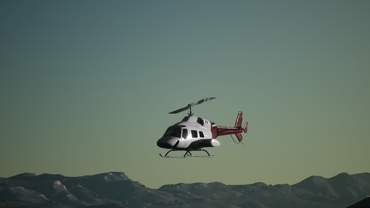 극단적 인 느린 움직임 비행 헬리 ⁇ 터와 해가 지는 하늘