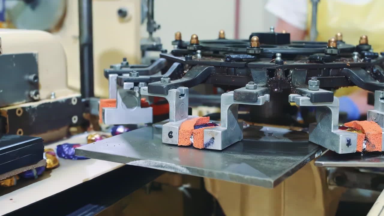 Traditional Food production on conveyor in factory setting. Packaging conveyor of sweets in plastic packaging.