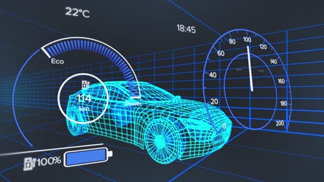 animation of digital car interface and data processing over 3d model of car