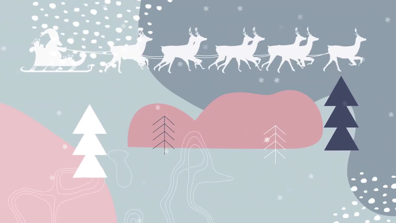 animación de santa claus en trineo con renos sobre un paisaje de invierno