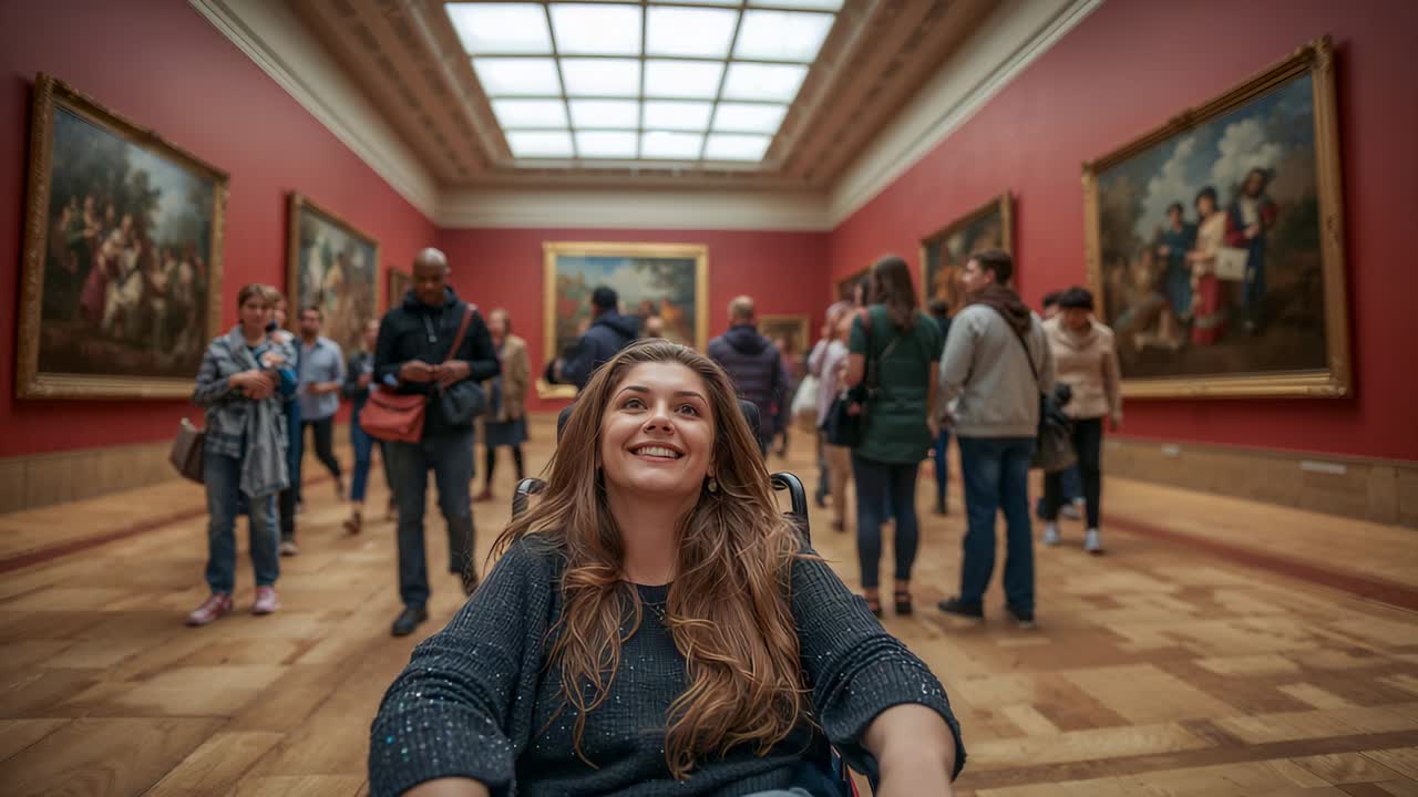 Camera starting tracking, seated woman in wheelchair rolling through gallery, viewing classical art
