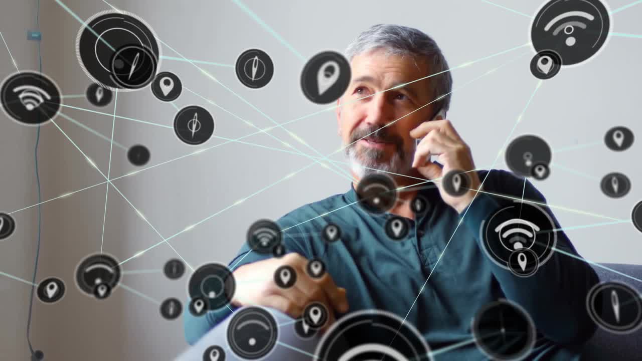 Animation d'un réseau de connexions sur un homme caucasien parlant au smartphone