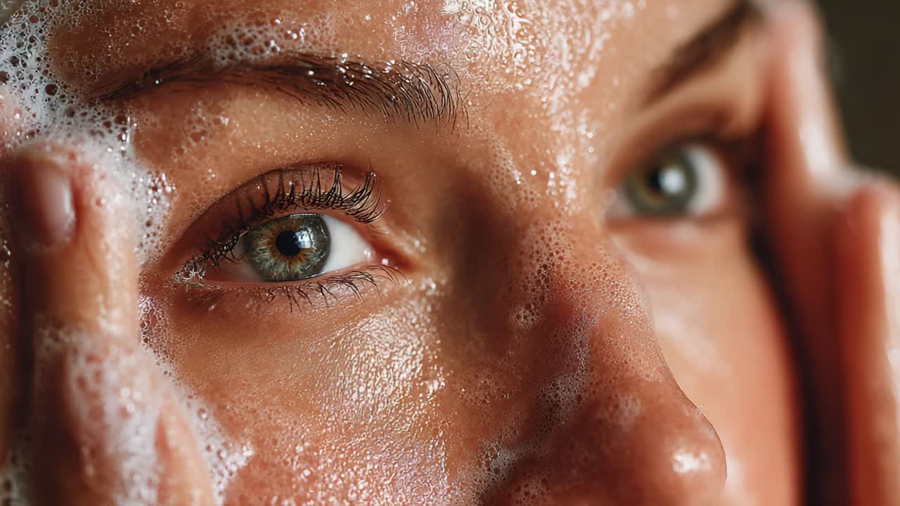 Close-Up of a Woman's Face While Applying Cleansing Foam, Highlighting Sparkling Eyes and Glowing Skin, Illustrating the Importance of Skincare Routines for Radiant Complexion