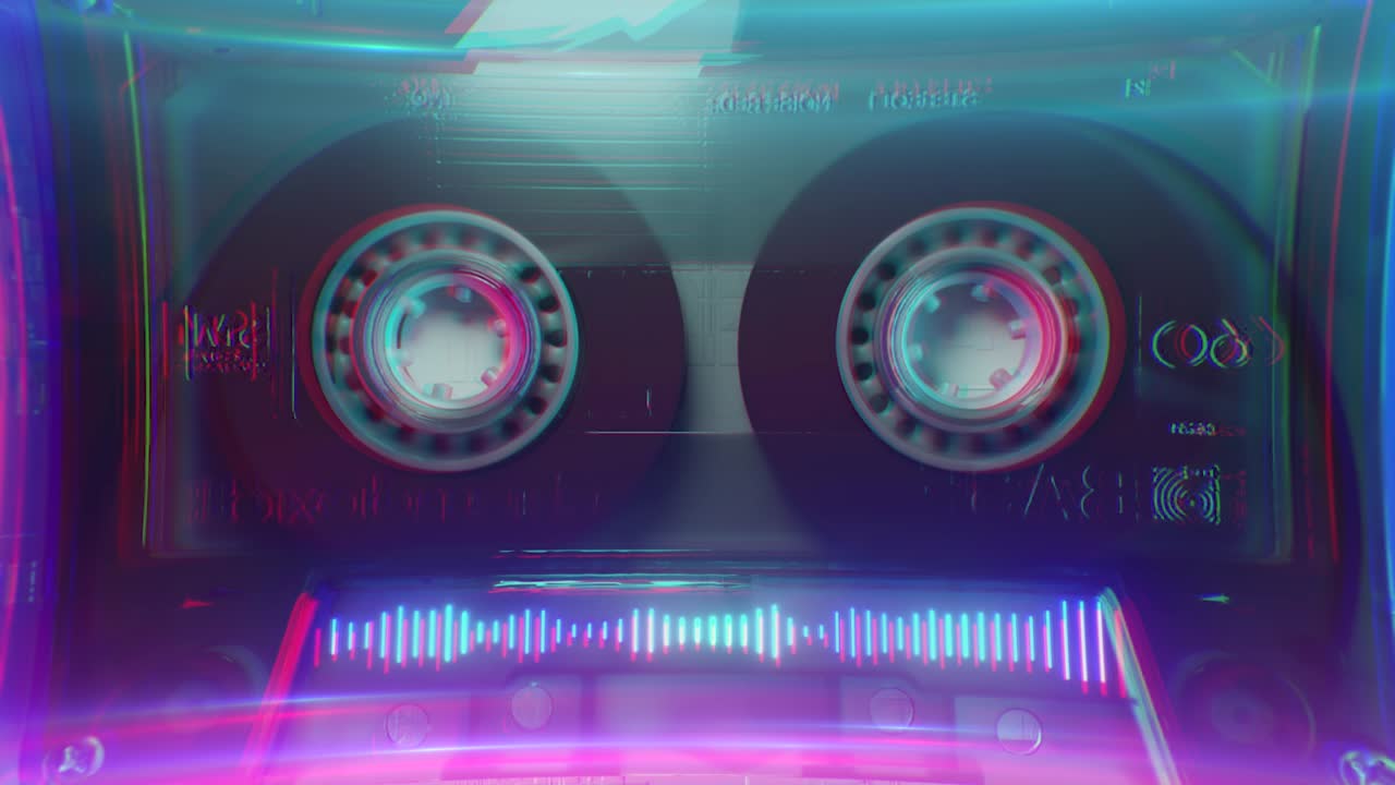 오래된 빈티지 카세트의 회전 테이프, 레트로 음악 개념, 네온 이라이저, 빈티지 네온 조명, 시엄리스 루프의 3d 애니메이션