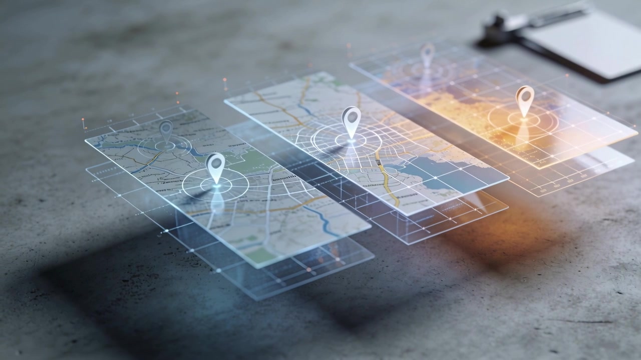 Receiving signal, 3 layered map tiles floating on concrete desk, pulsing and focusing right pin