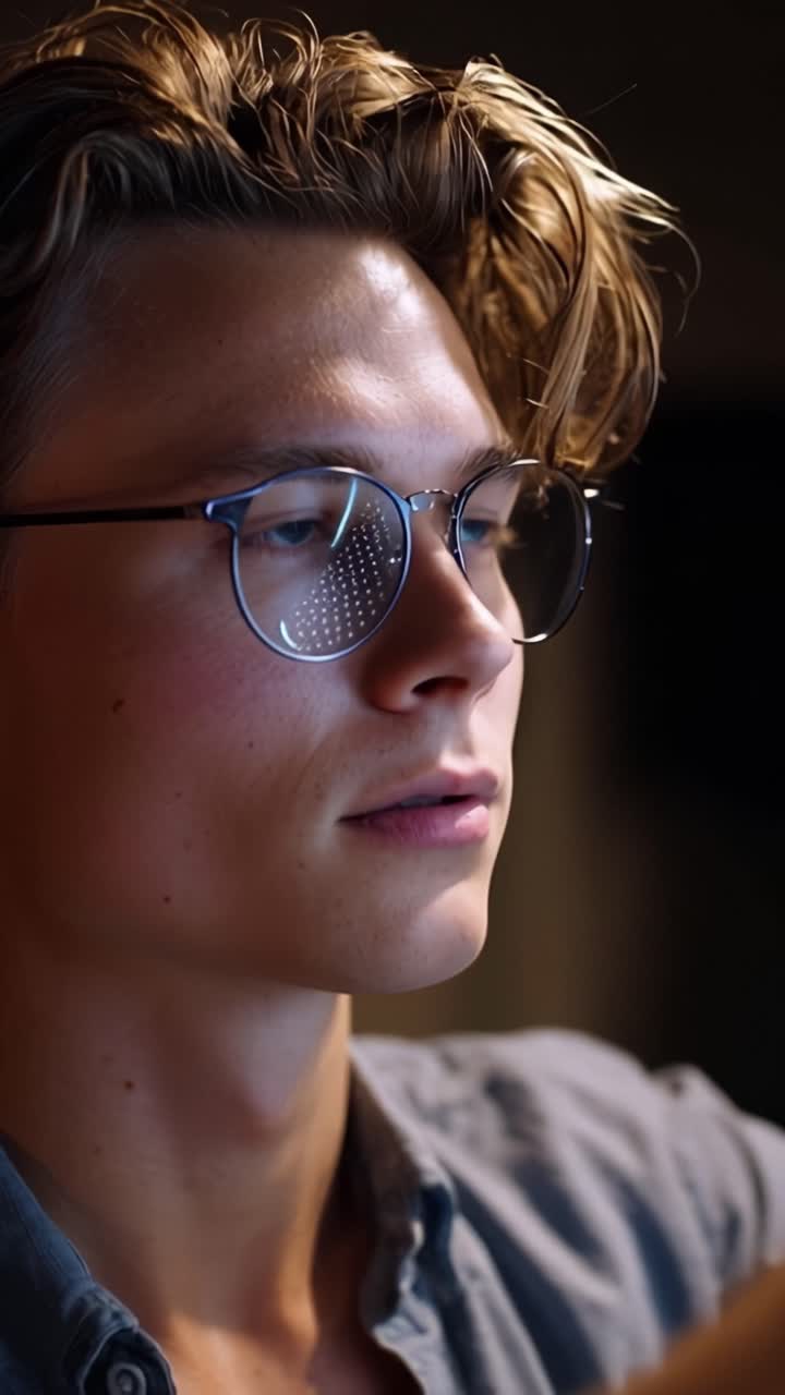 Un Giovane Uomo Pensieroso con Occhiali Alla Moda Profondamente Concentrato, che Riflette Motivi Digitali nelle Sue Lenti Mentre è Impegnato in un'Attività Creativa