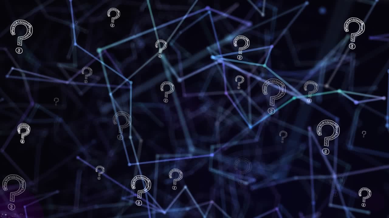 Testi 5G e 6G e simboli di punti interrogativi su una rete di connessioni su sfondo nero.