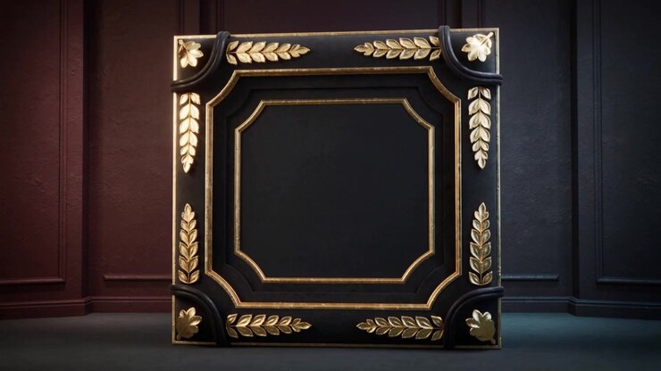 Rotating ornate square panel revealing frontal view at formal room, with gold laurel motifs