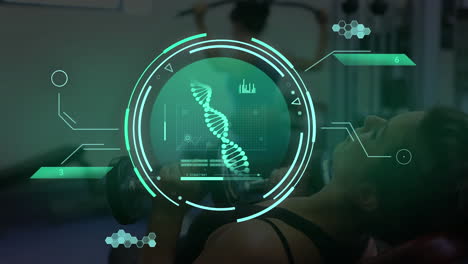 animation of data processing over caucasian woman exercising in gym