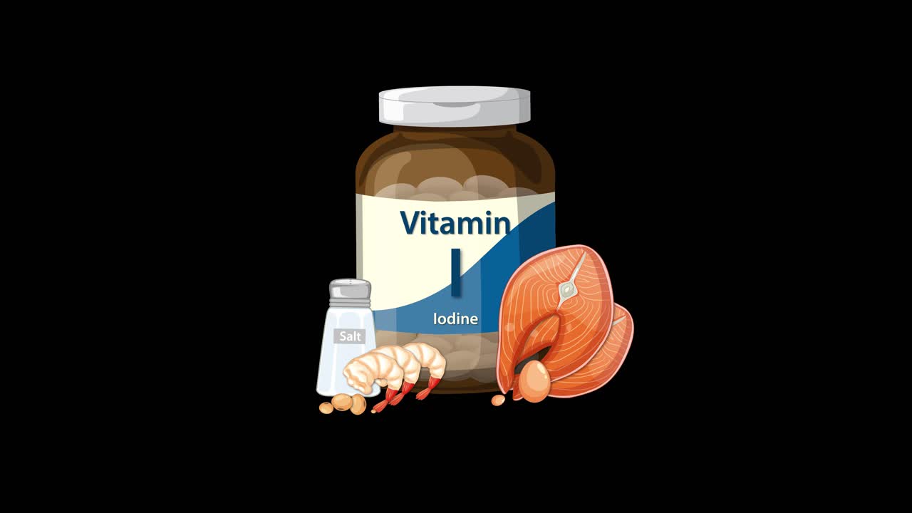 Vitamin iodine bottle appears with salt, seafood, and garlic on black background, smooth transitions