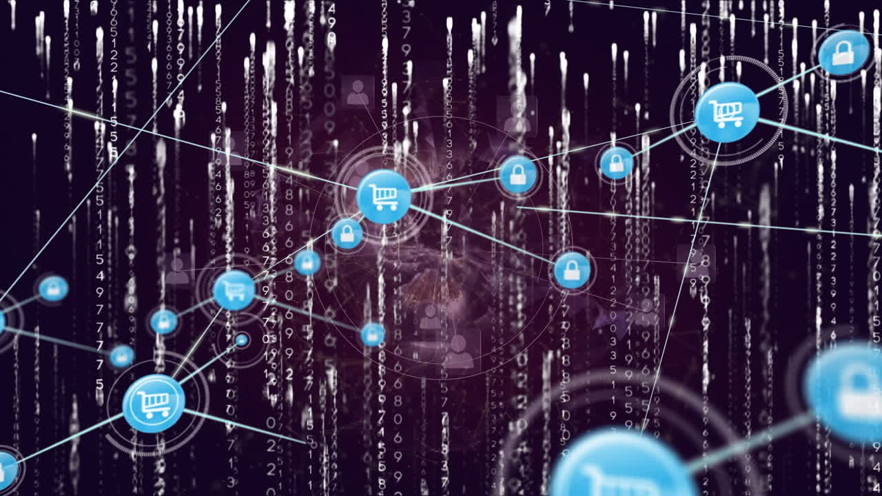 Animation of network of connections with icons over data processing and globe on black background