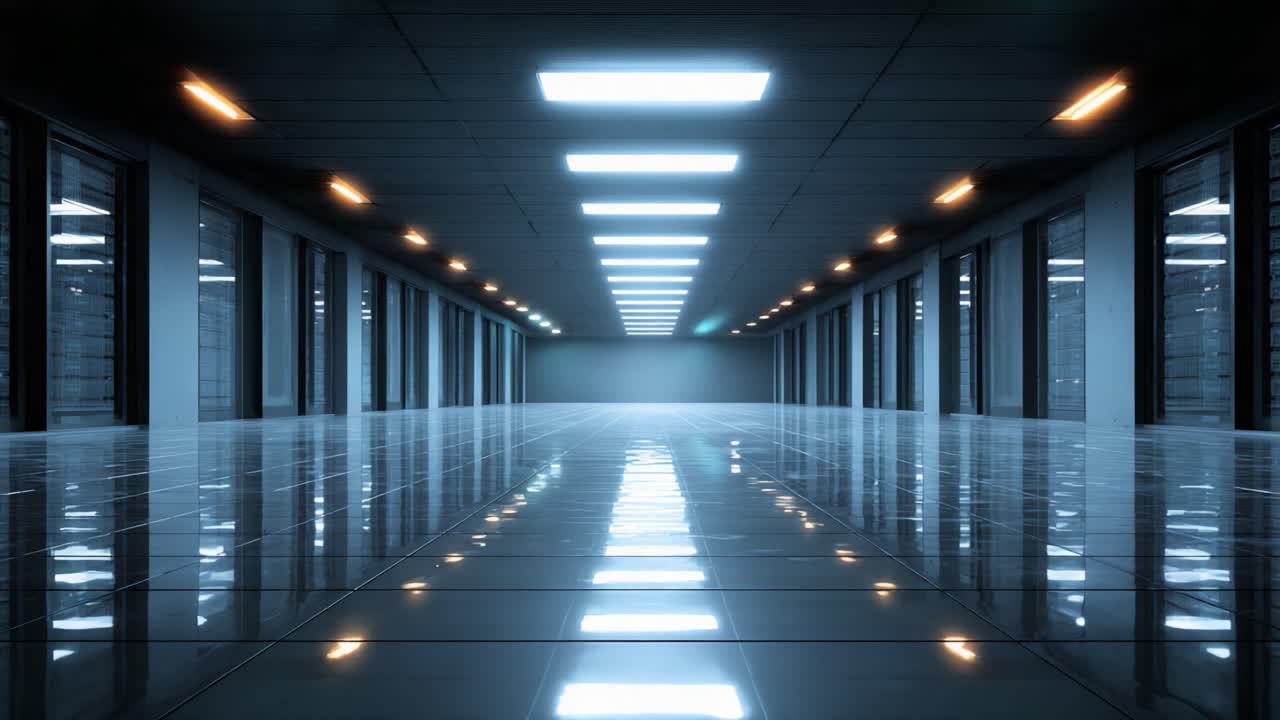 Un interno elegante e moderno caratterizzato da superfici riflettenti e illuminazione simmetrica in un ampio corridoio