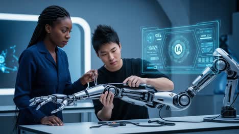 a student and a mentor collaborate on advanced robotics, focusing on ai integration and mechanical precision in the future of automation