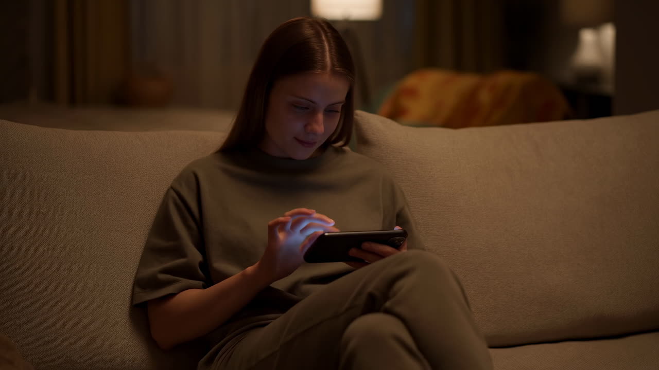 Young Woman Scrolling on Smartphone on Couch at Night