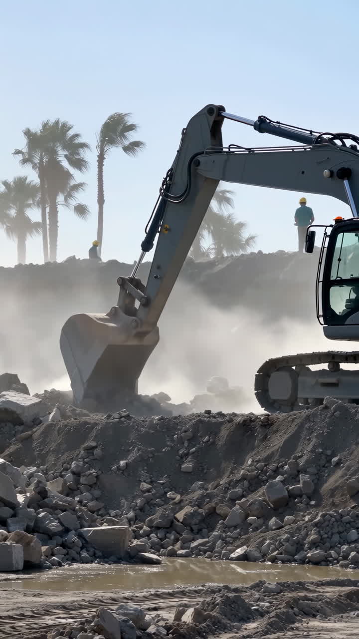 Excavator working at a dusty construction site with workers and palm trees