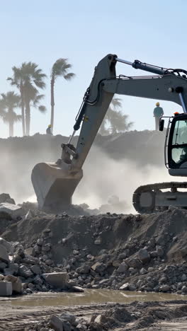 excavator working at a dusty construction site with workers and palm trees