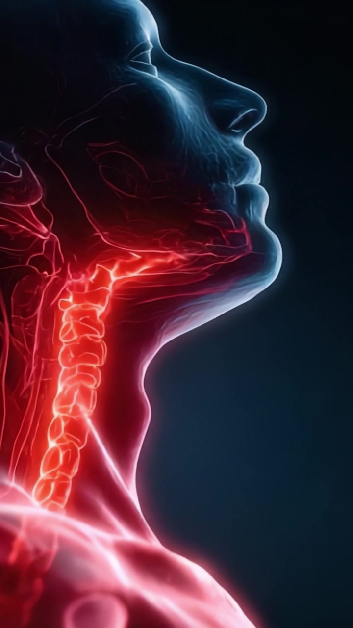 Anatomia umana complessa: una visualizzazione dettagliata dei vasi sanguigni e dei percorsi neurali nel collo e nella colonna vertebrale, che evidenzia connessione e funzionalità