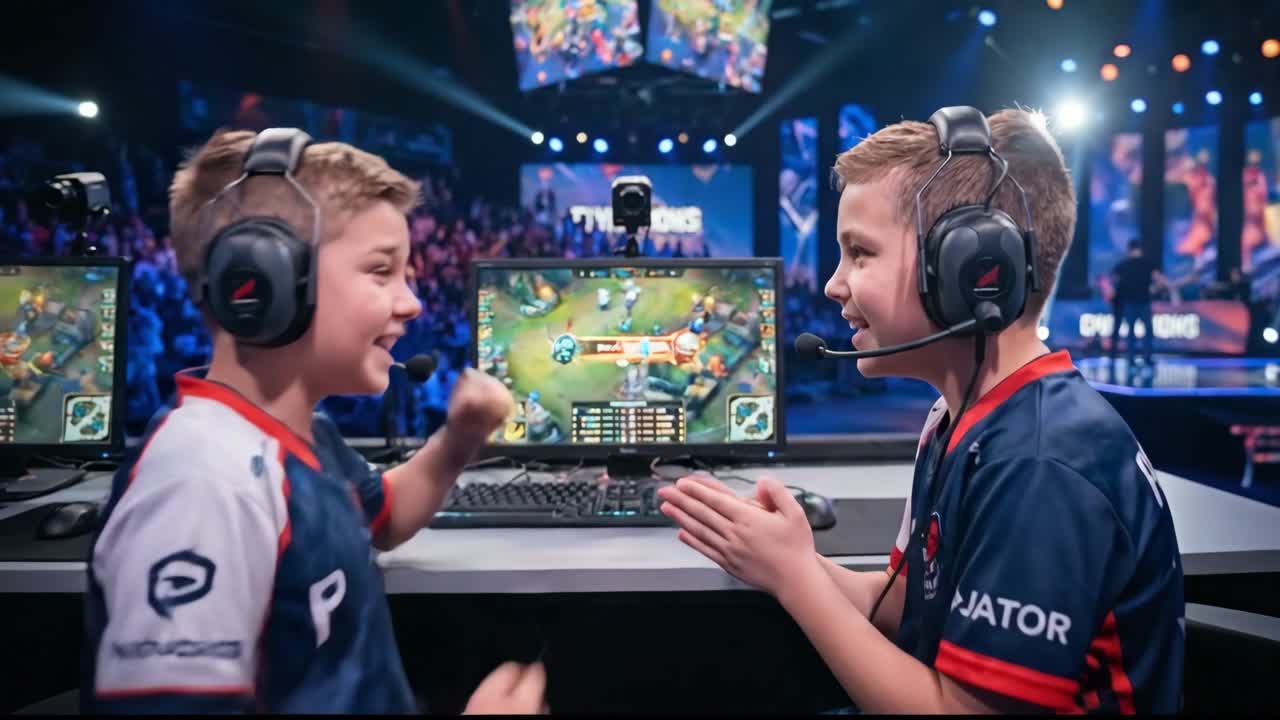 Two Young Boys Playing Video Games and Celebrating in Esports Arena