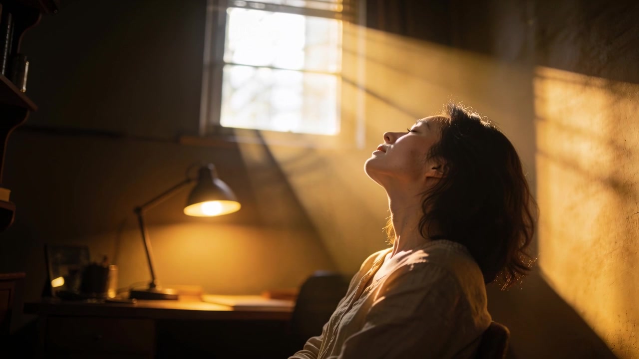 Mujer con blusa clara inclinándose, reaccionando a la luz del sol de una ventana alta en un rincón de estudio, con espacio para texto.