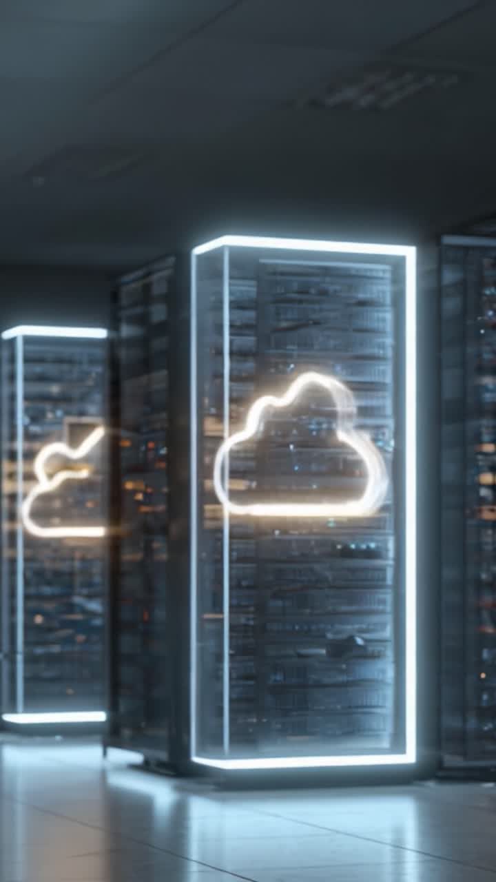 Futuristic Data Center Displaying Cloud Technology Representation Through Illuminated Storage Units in a Modern Environment