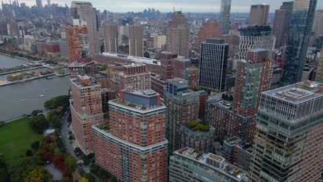 aerial drone view over luxury apartments and expensive homes, in tribeca, new york