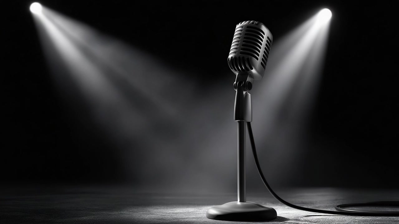 A Vintage Microphone Stands Alone Under Spotlight, Capturing The Essence of Live Performance and The Soul of Music in a Dramatic Black and White Scene