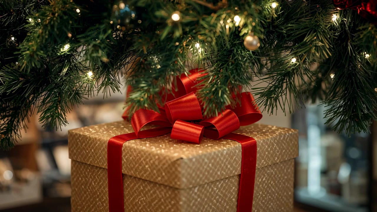Luci calde che brillano, la telecamera inquadra una scatola regalo dorata sotto i rami dell'albero, esposta in casa.
