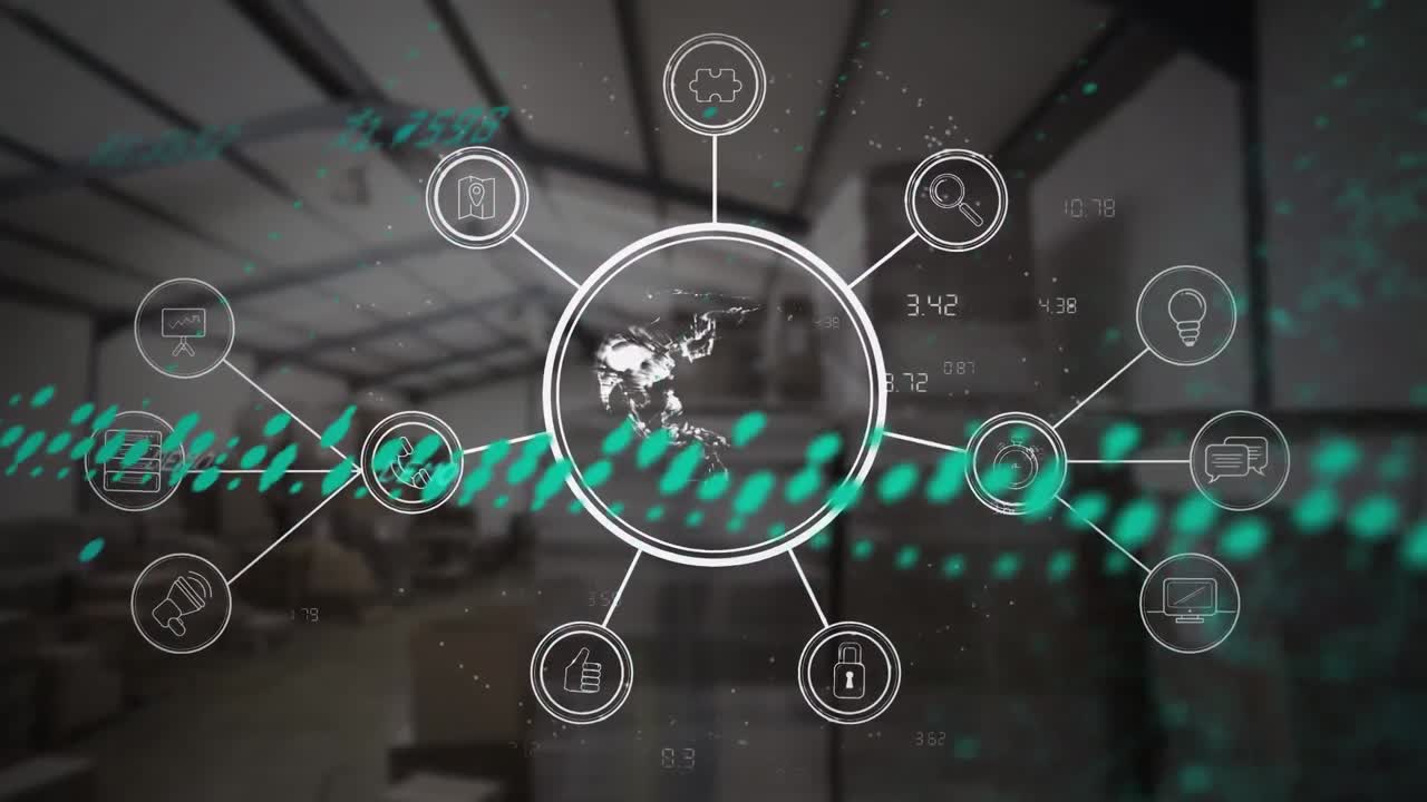 animación del procesamiento de datos con globo y conexiones a través del almacén