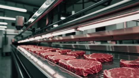 raw beef steaks on a conveyor belt in a meat processing facility