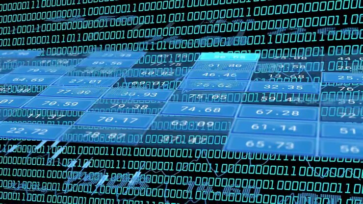 Gennemsigtige blå datafliser skifter og gløder, mens et binært lag starter og viser global dataflow.