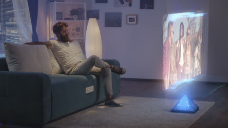 man watching holographic display of band