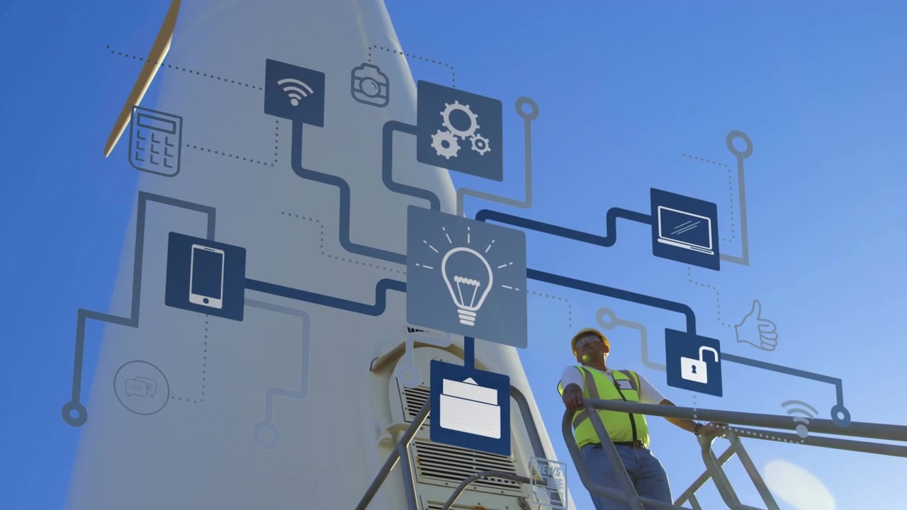 Animation of network of connections with icons over engineer and wind turbine