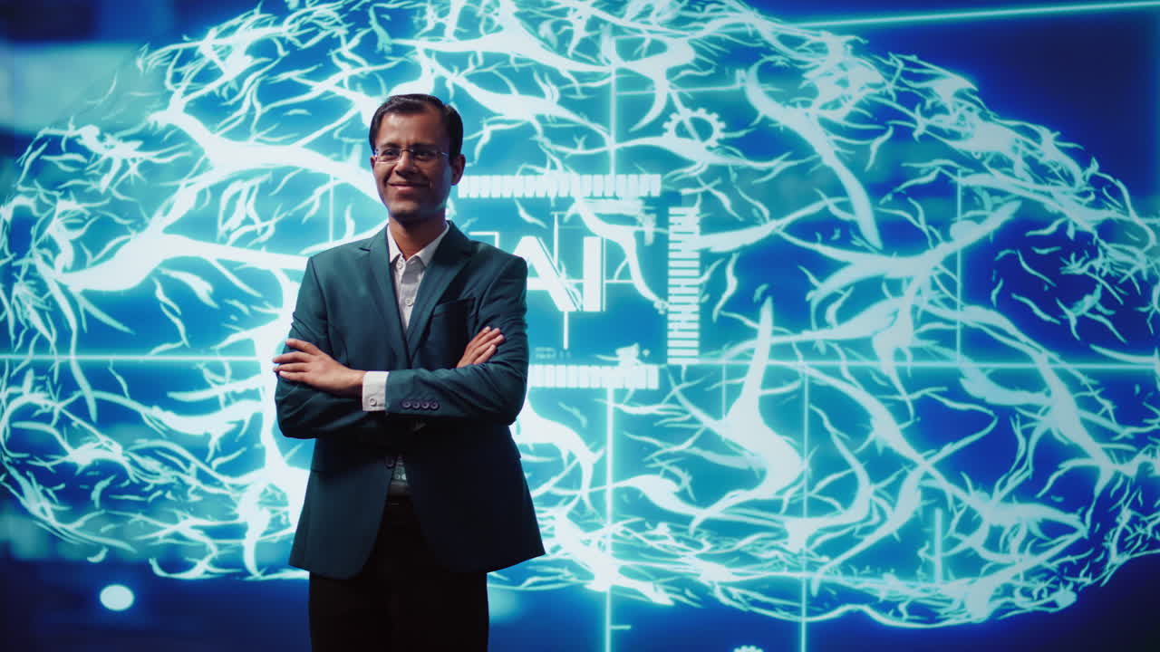 Smiling technician in startup stands with arms crossed, exuding professionalism