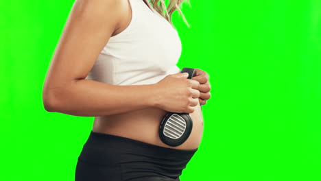 profile, pregnant woman or headphones on belly